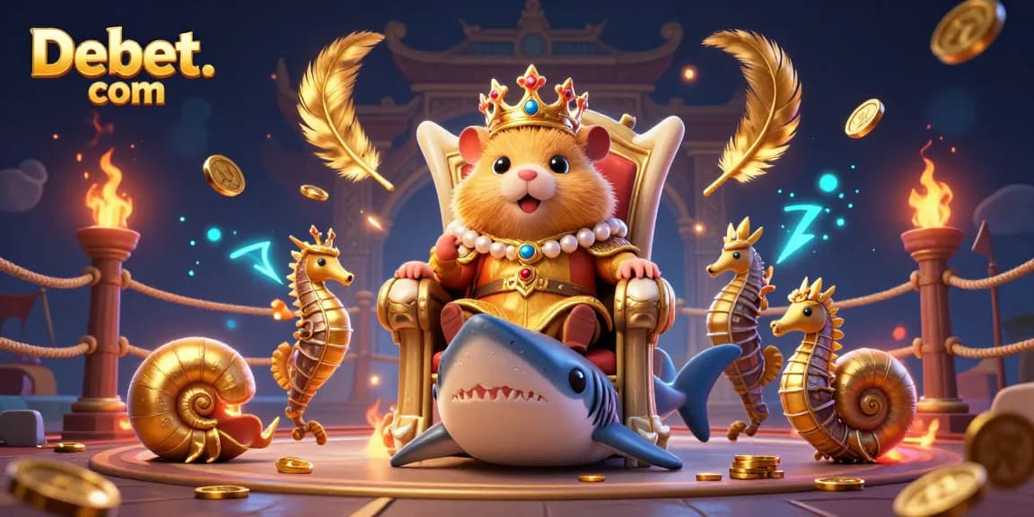 Experience the thrill of vibrant gaming visuals at Debet. com with a dynamic 3D illustration featuring a hamster king and royal guards.