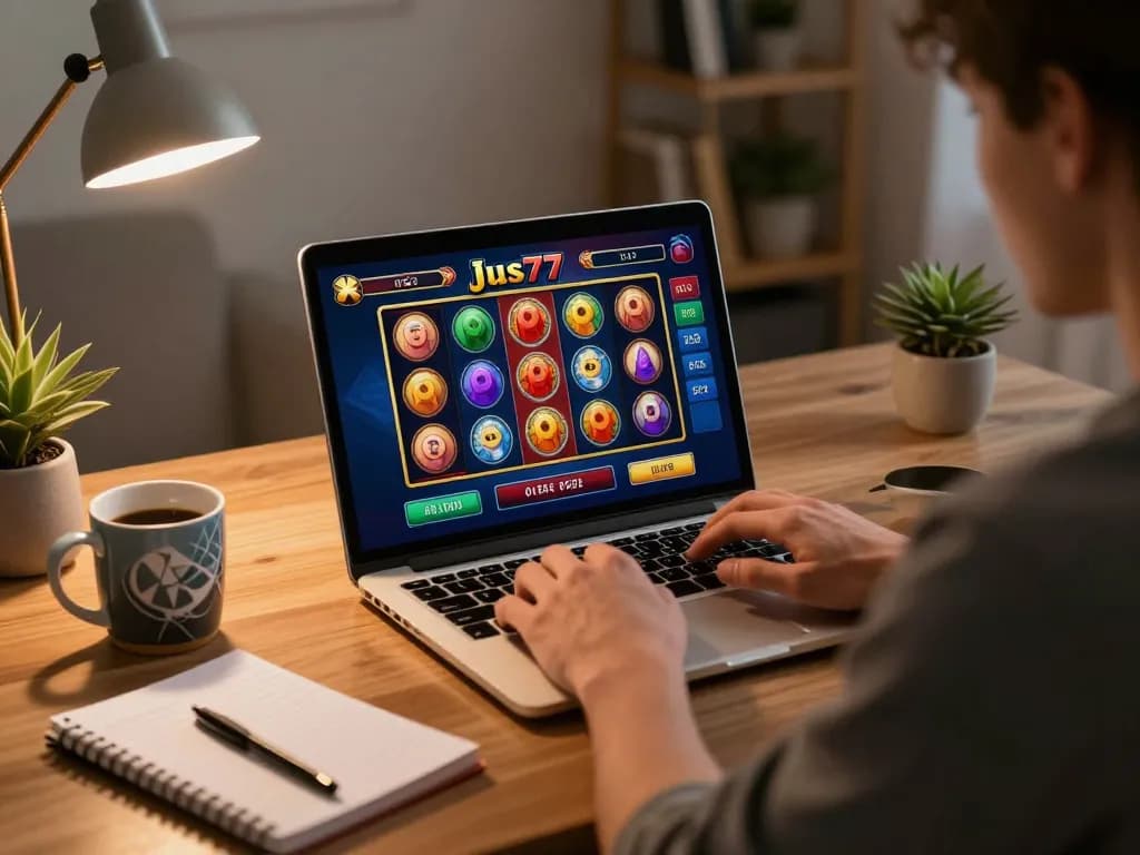 Engaged player mastering ju77 slots in a stylish home gaming setup.