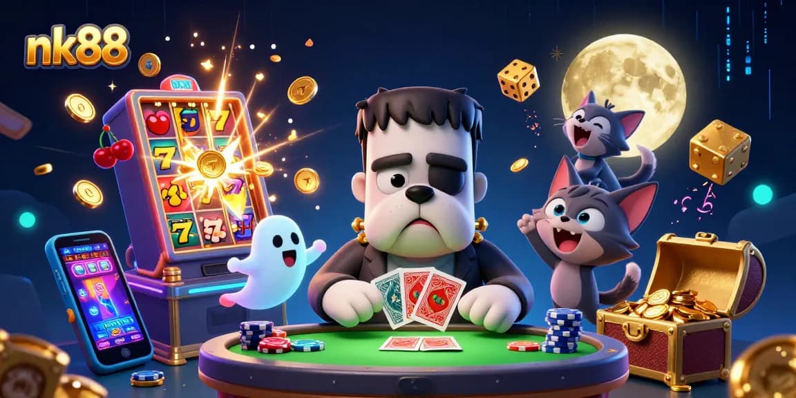 nk88 showcases a thrilling casino scene with a Frankenstein bulldog dealer and vibrant game elements.