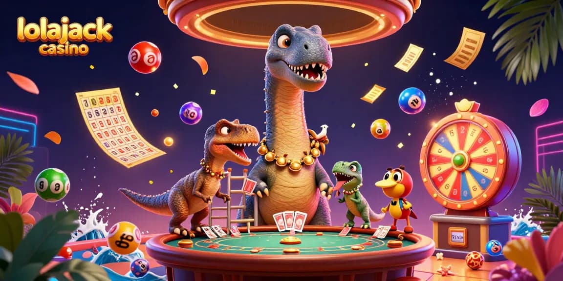 Enjoy the fun atmosphere of lolajack casino with vibrant illustrated characters and colorful game elements.