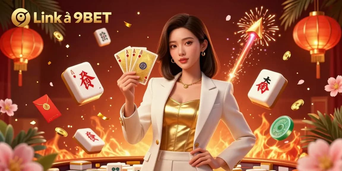 Engage with Link và 9BET in a vibrant, rich casino atmosphere featuring a powerful Asian businesswoman and dynamic gaming elements.