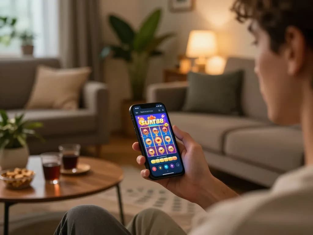 Berinteraksi dengan aplikasi slot88 di smartphone dalam pengaturan rumah yang nyaman, memperlihatkan permainan online.