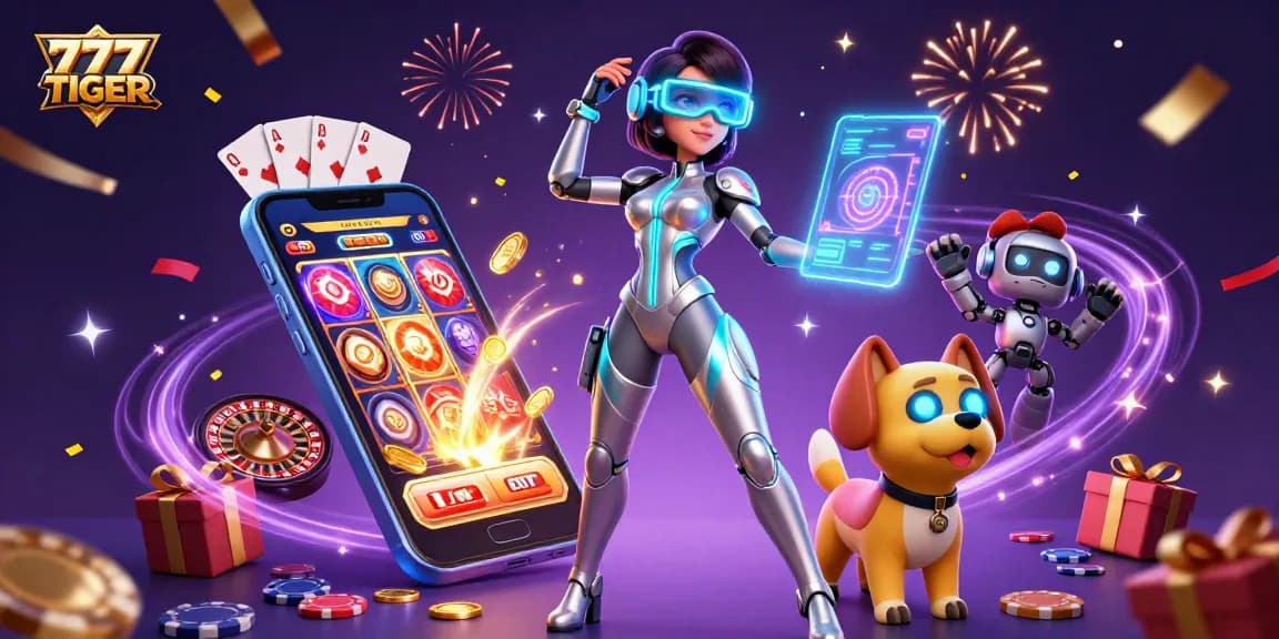 Experience the excitement of 777TIGER with vibrant casino games and dynamic holographic elements.