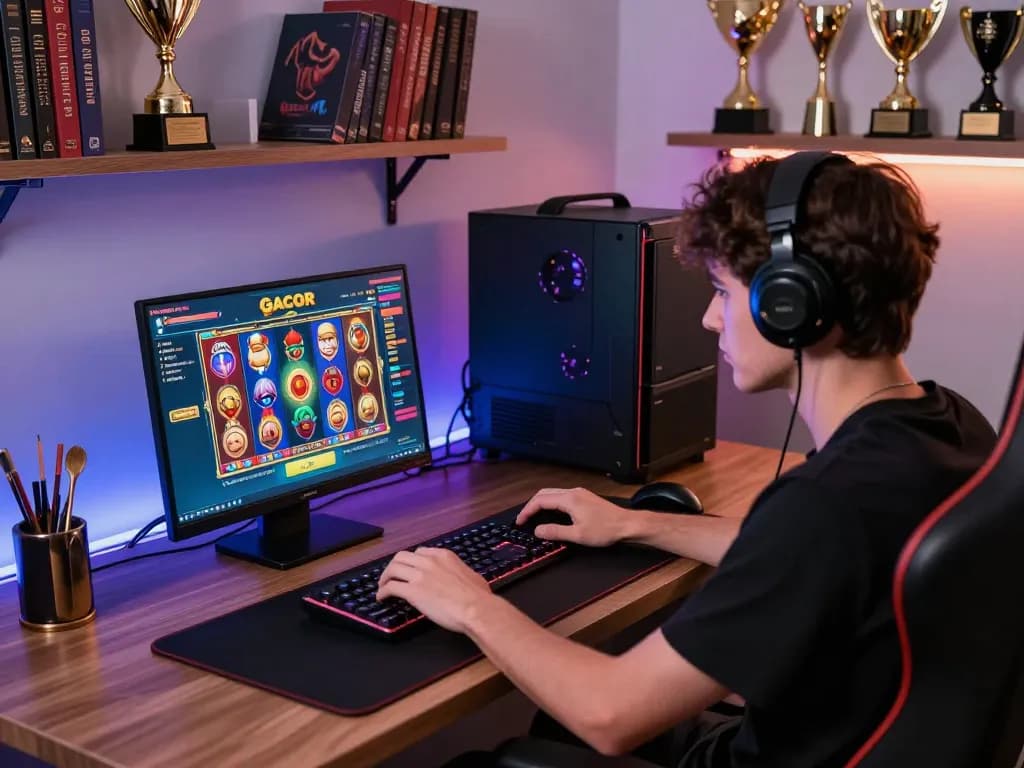 Person engaged in strategic gameplay with slot gacor interface on laptop, showcasing an upscale online gaming setup.