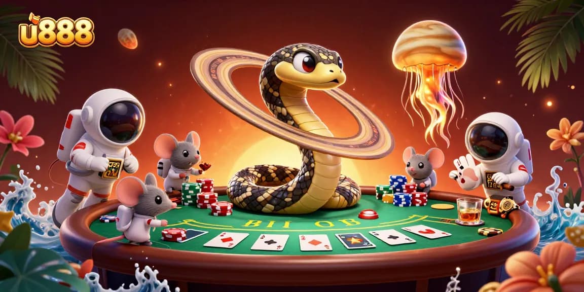 Betting with u888's vibrant casino games as astronaut mice gamble on Saturn's rings.