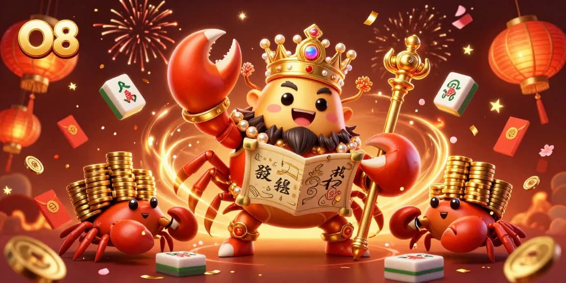 Join the vibrant gambling world of O8 with the majestic golden crab emperor and lively casino elements.