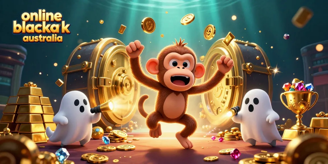 Experience thrilling online blackjack Australia with our lively 3D illustration featuring playful characters and dazzling casino treasures.