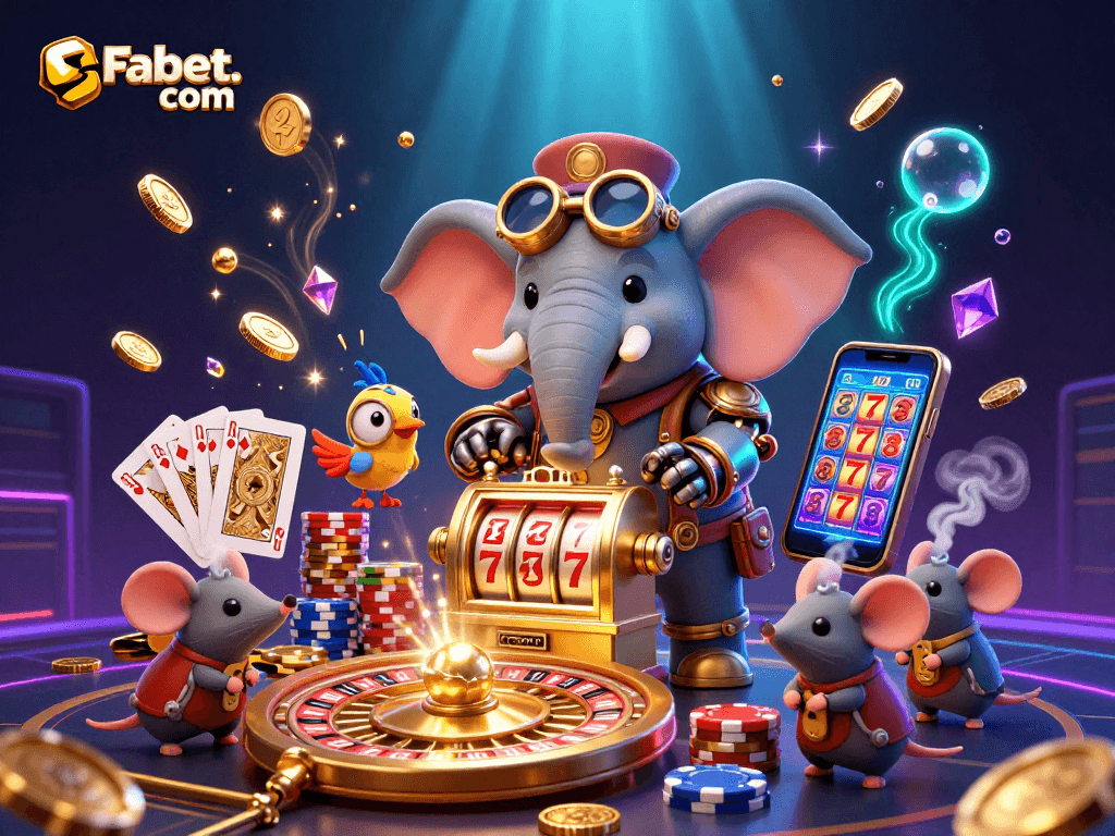 Engage in thrilling gaming at Fabet. com with a lively steampunk casino scene bursting with action.