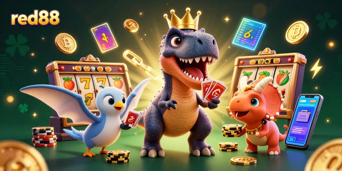 Spin the reels with red88 in a vibrant casino scene featuring cartoon dinosaurs and crypto elements.