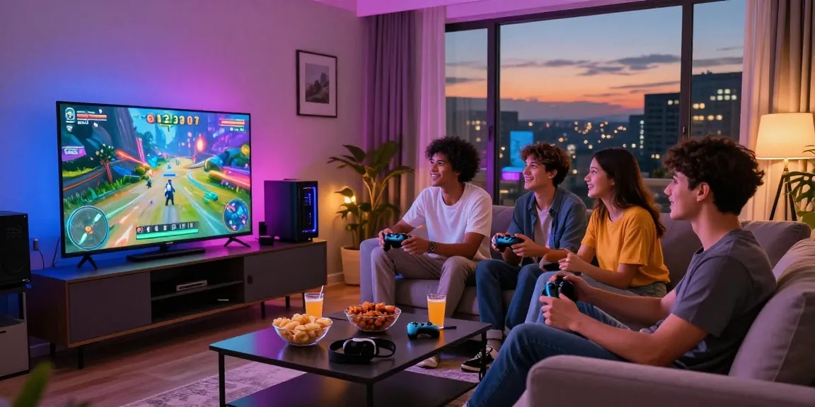 Exciting scene of friends gaming together, showcasing 68gamebai in a lively atmosphere.