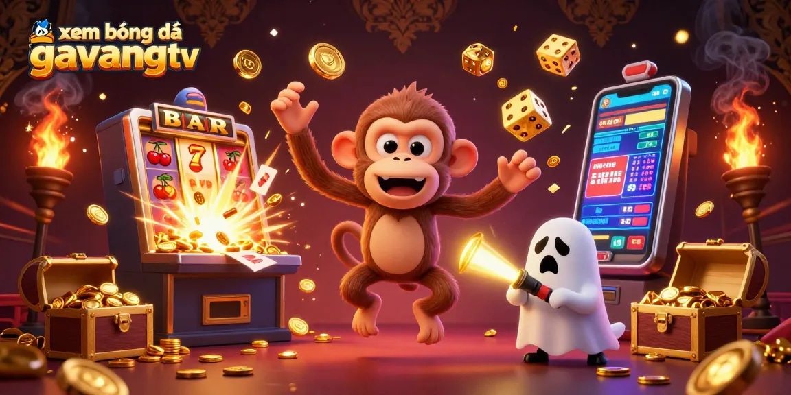 Engage with xem bóng đá gavangtv in an exciting 3D sports betting illustration showing a poltergeist monkey and ghost-hunter puppy.