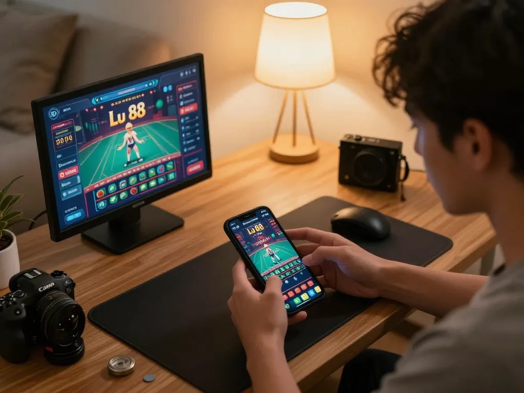 Engaging in online betting on Lu 88 with a smartphone, illustrating responsible gaming.