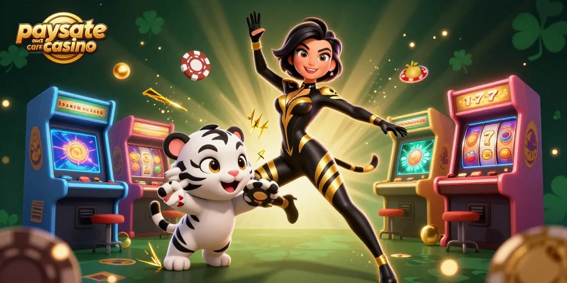 Erleben Sie actionreiche Spannung in einem Paysafe Card Casino mit einer 3D-Frau und einem verspielten Babytiger mitten in lebhaften Spielen.