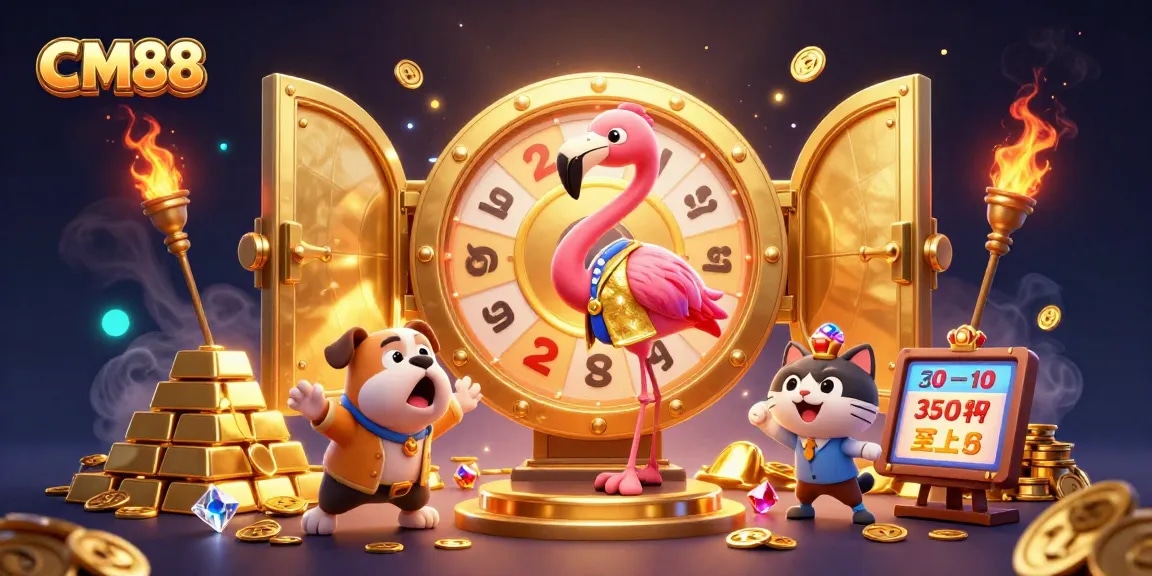 CM88 showcases a thrilling prize game scene with a flamingo host, bulldog contestant, and scoreboard assistant.