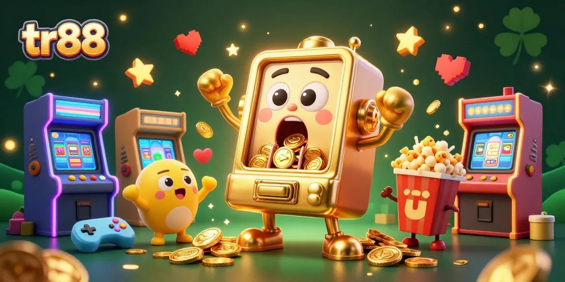 Engage with tr88 slot machines hitting jackpots while coins burst forth in a lively casino scene.