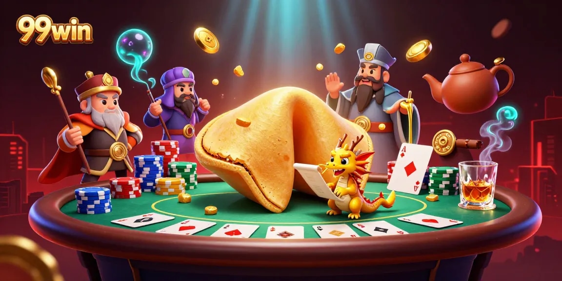 Experience thrilling casino action with 99win as a dragon discovers fortune inside a golden cookie.