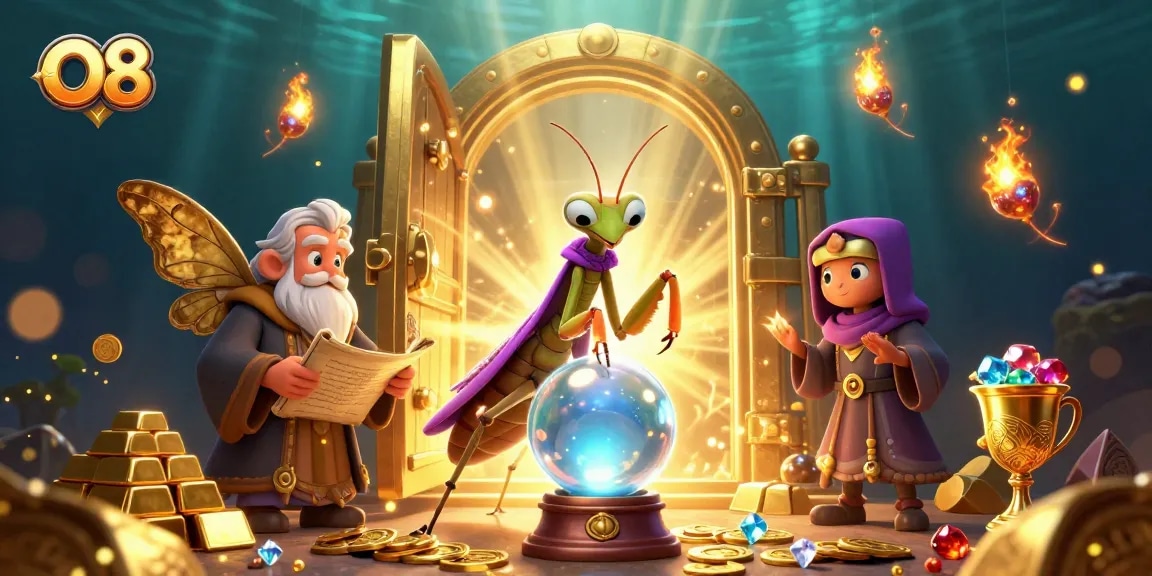Experience O8's enchanting features with a cartoon fortune teller and ancient wisdom amidst golden treasures.