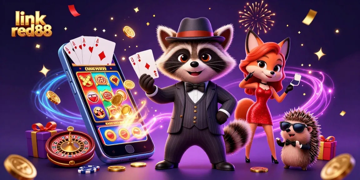 Experience exciting gameplay at link red88 with a suave raccoon, glamorous fox, and a hedgehog guard amidst casino thrills.