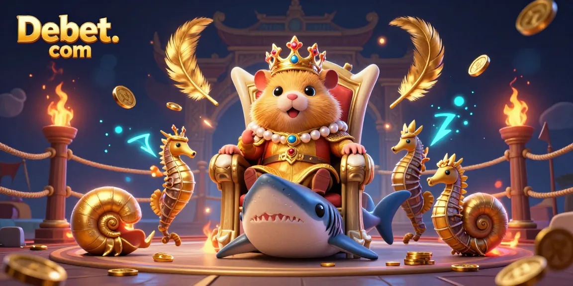 Experience the thrill of vibrant gaming visuals at Debet. com with a dynamic 3D illustration featuring a hamster king and royal guards.