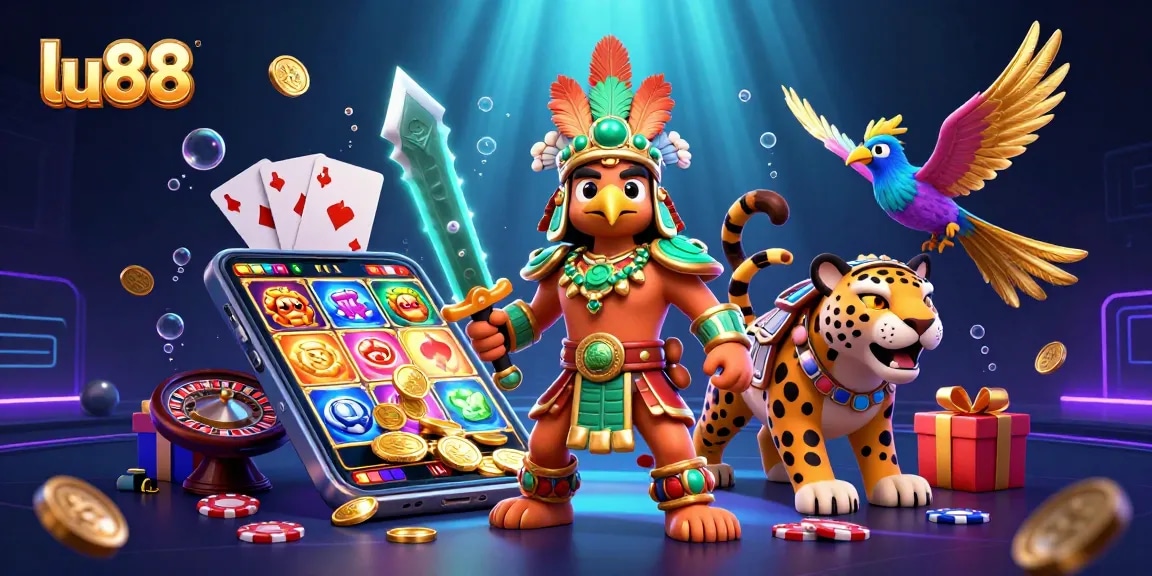 Play slots with excitement at lu88 featuring a vibrant 3D casino scene filled with action and rewards.
