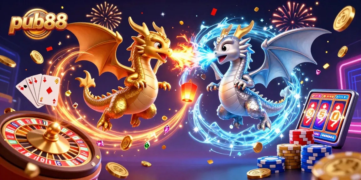 Experience the excitement of pub88 with dragons unleashing fire and ice amidst swirling casino treasures!