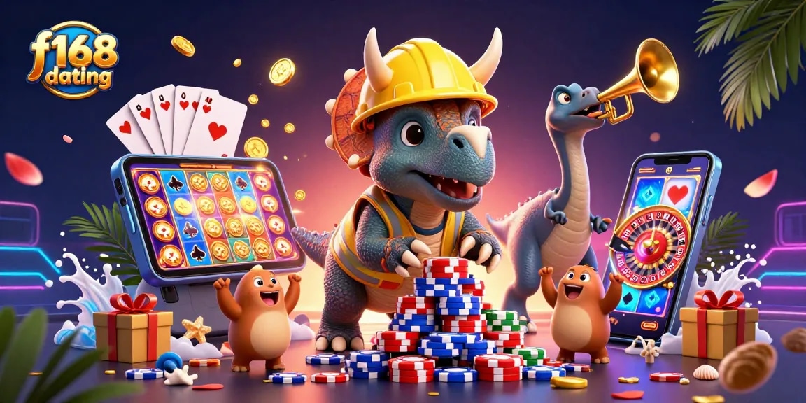 Engaging f168 dating scene with a triceratops and a parasaurolophus amid vibrant casino elements.