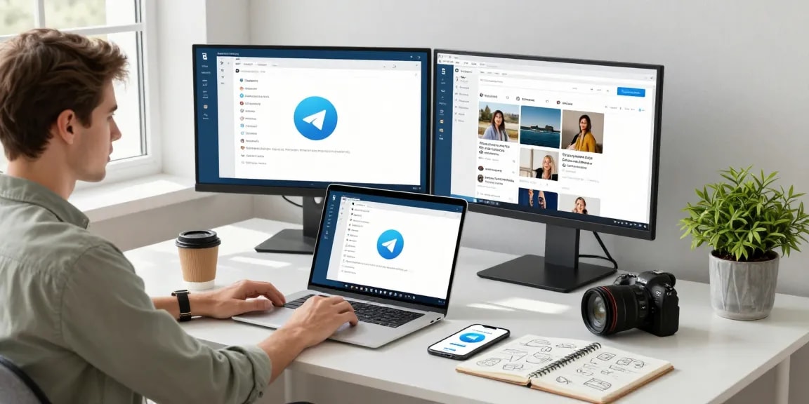Experience seamless Telegram download on a modern tech workspace with vibrant productivity elements.
