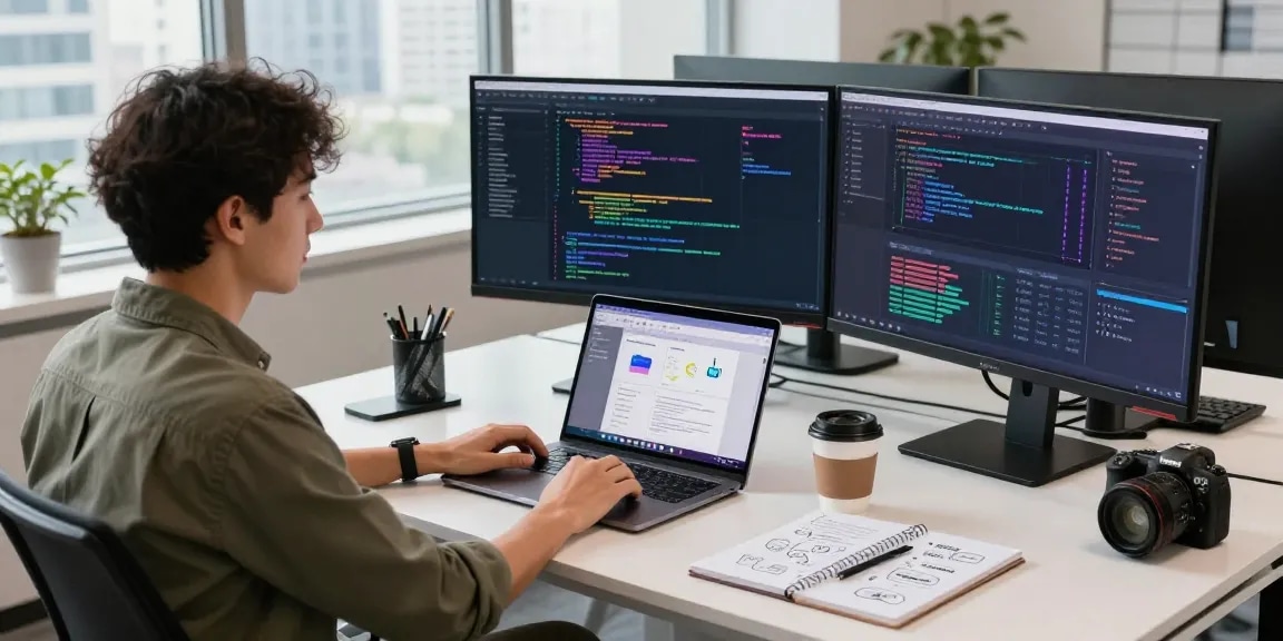 快连 network experience in a modern tech workspace with code on monitors and a developer at work.