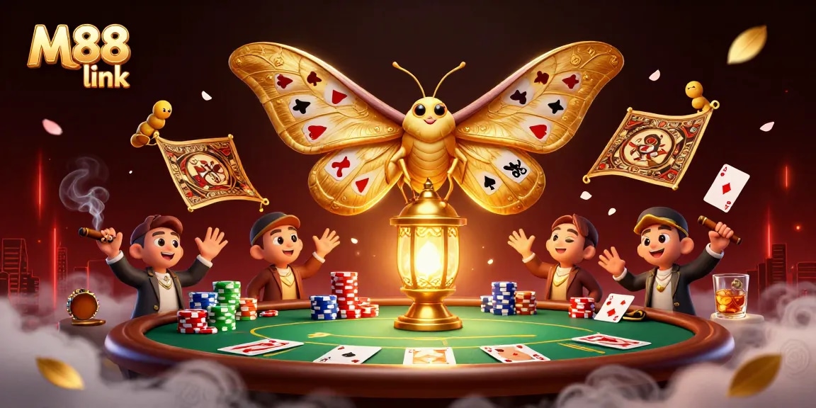 Catch the thrill of M88 link with a vibrant 3D casino illustration featuring poker elements and an enchanting atmosphere.