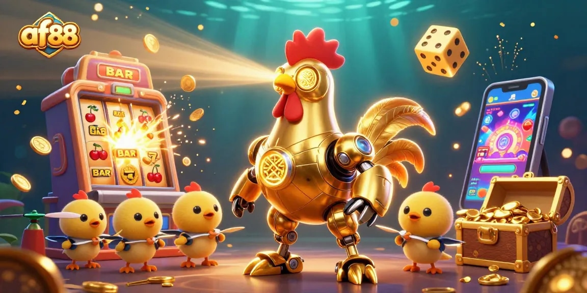 Engage with the exhilarating af88 online casino experience as golden coins and lucky symbols explode around a golden rooster robot.