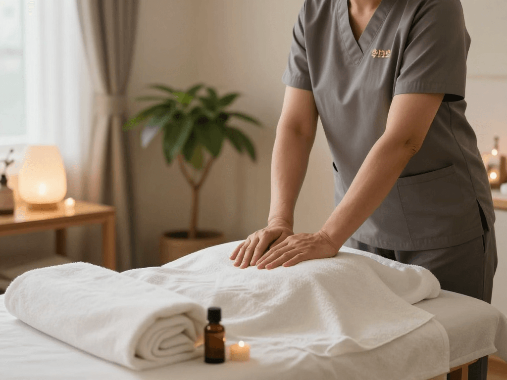 Experience a calming 부평출장안마 session with a professional therapist in a serene home environment.