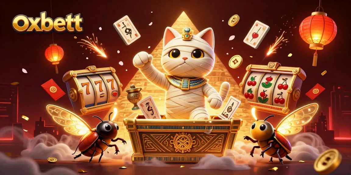 Win big with Oxbett in a vibrant casino scene featuring an Egyptian mummy cat and golden treasures.