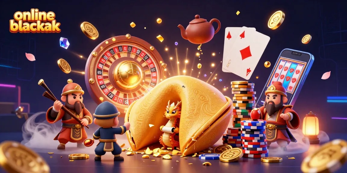 Play online blackjack with a captivating scene featuring golden fortune cookies and dramatic casino elements.