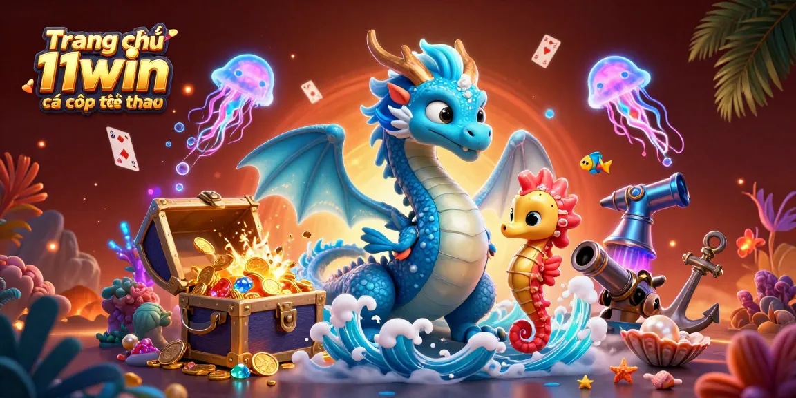 Bet on sports with Trang chủ 11win cá cược thể thao featuring dynamic 3D aquatic characters and casino elements.