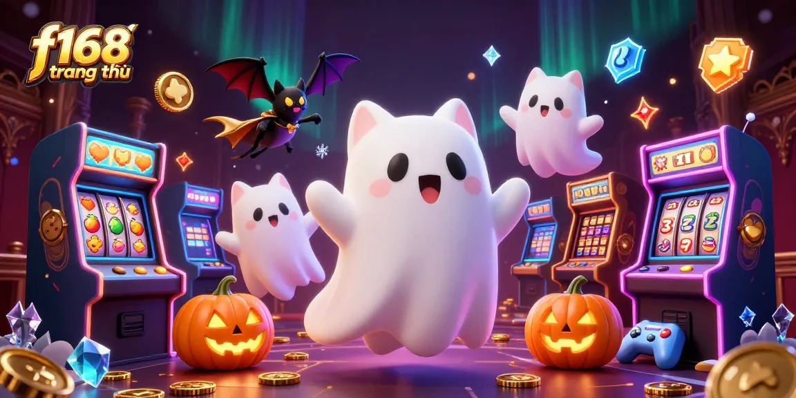 Join the excitement at f168 trang chủ, featuring a mystical casino scene with glowing slot machines and enchanting characters.