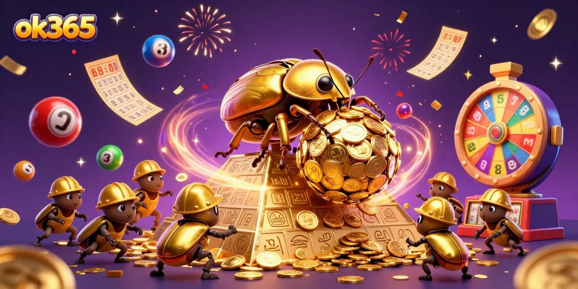 Explore the excitement of ok365 with a vibrant 3D scene of golden beetles and casino elements.