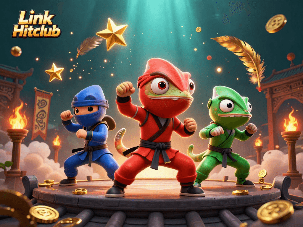 Experience thrilling adventures with Link Hitclub as ninja chameleons battle amid a vibrant casino landscape.