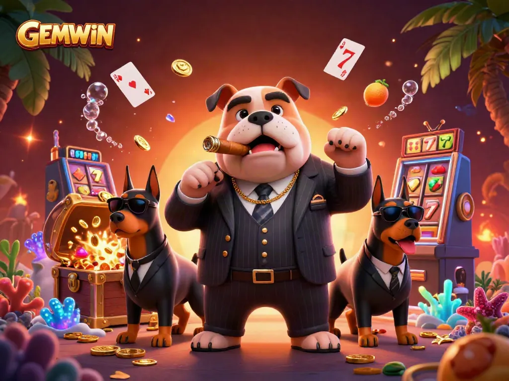 GEMWIN illuminates a vibrant casino scene with a mafia bulldog and his Doberman guards surrounded by game elements.
