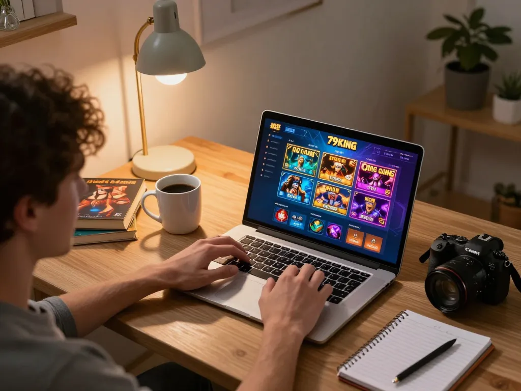 The player engages with the Cổng game 79KING on a laptop, showing a vibrant gaming interface in a cozy home setting.