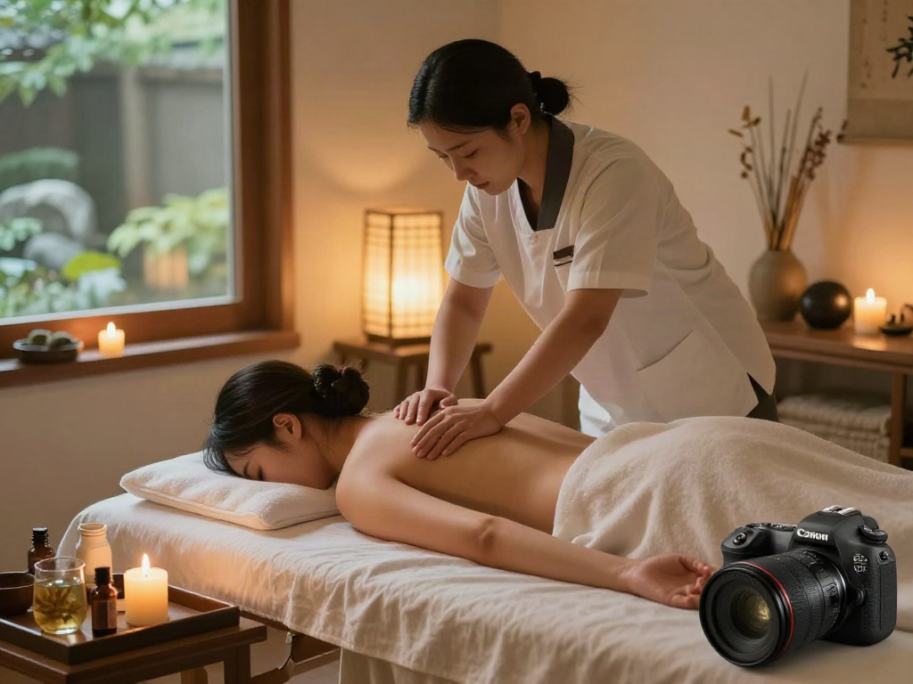 Client enjoying 하남출장마사지 therapy in a tranquil massage room with candles and oils.