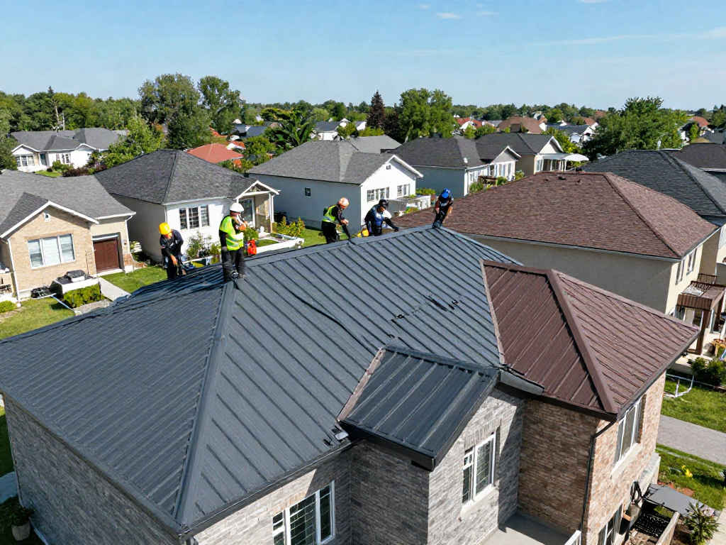 Metal roofing installation by professionals from mroof.ca showcasing various colors and durable materials on residential homes.