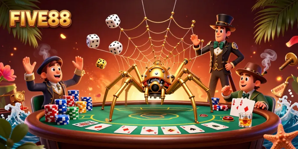 Experience excitement with FIVE88 as a golden spider weaves a web of fortune at a lively casino scene.