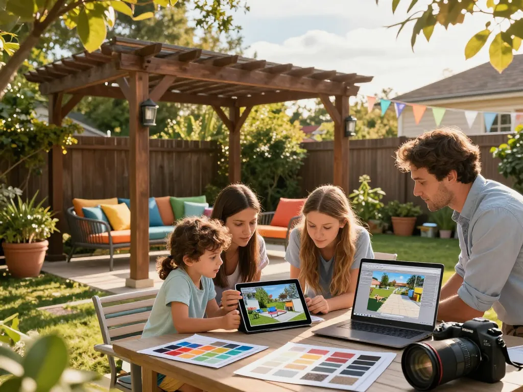 Engaging family discussing Pergola Sales Software while exploring 3D configurations in a beautiful backyard.
