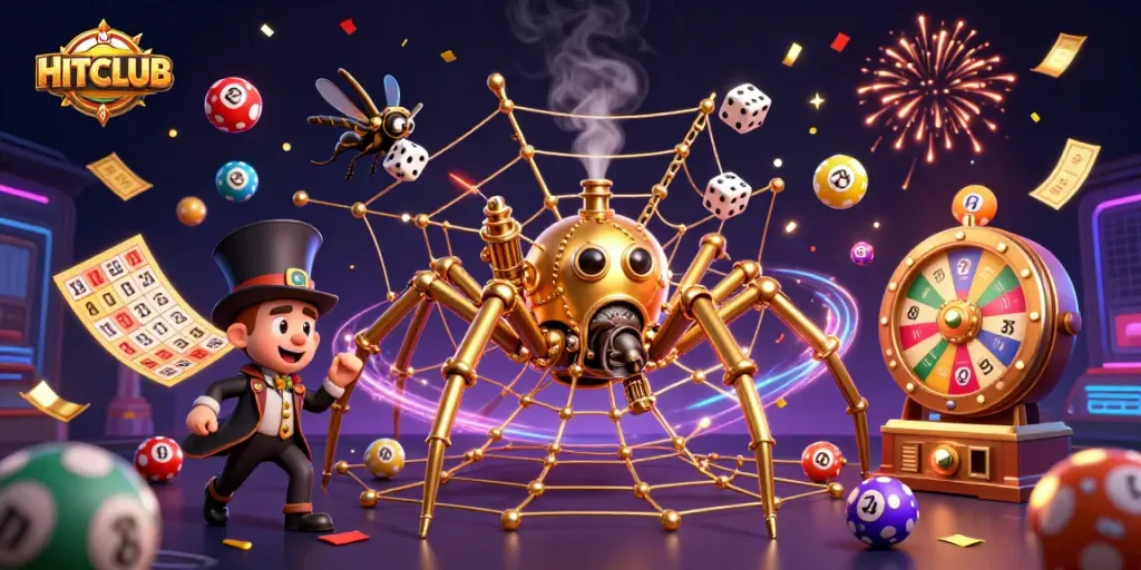 Engage in the HITCLUB excitement with dynamic golden spider and gaming symbols in vibrant casino scene.