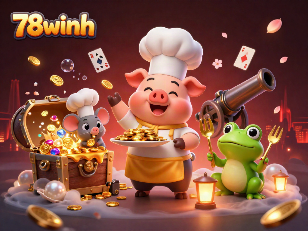 Win big at 78winnh with a cheerful chef pig serving coins, perfect for online casino enthusiasts.