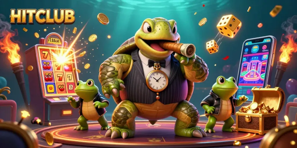 Engage with HITCLUB's vibrant casino world through a lively 3D illustration showcasing thrilling gaming elements.