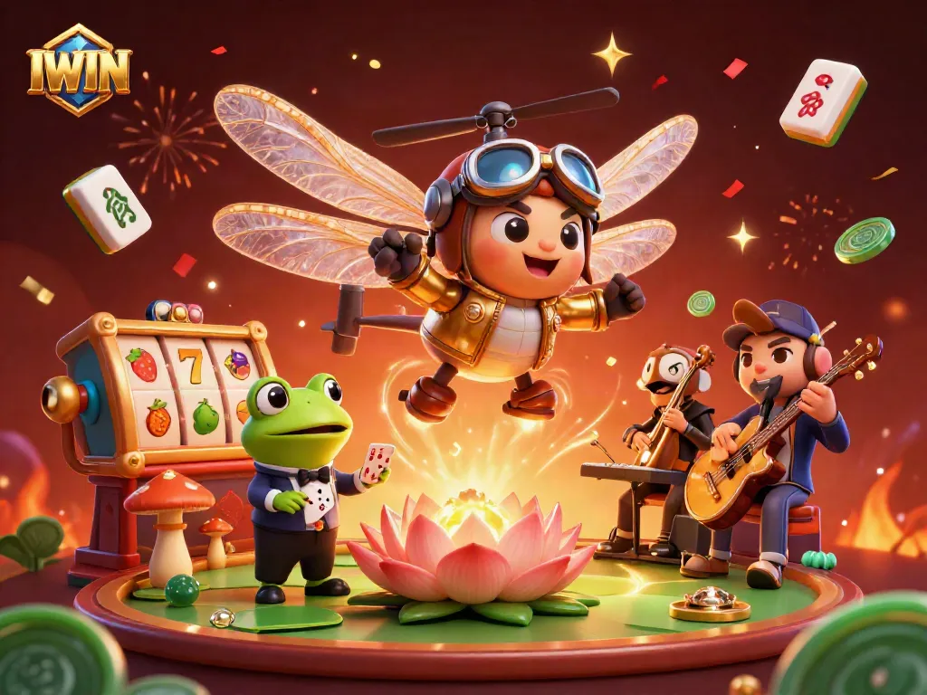 IWIN showcases a vibrant casino scene with a dragonfly pilot and frog croupier engaging players with lively gameplay.