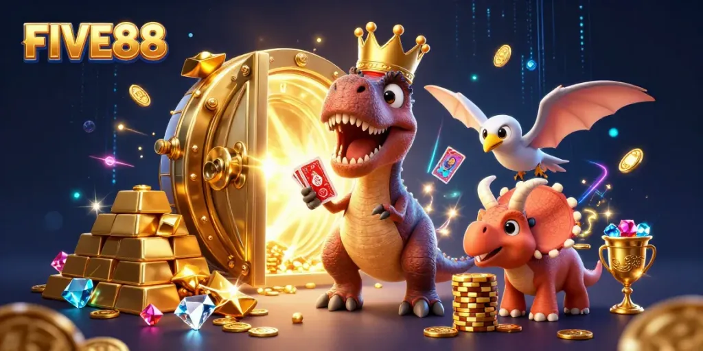 Experience exciting gaming with FIVE88's vibrant casino scene filled with treasures and playful characters.