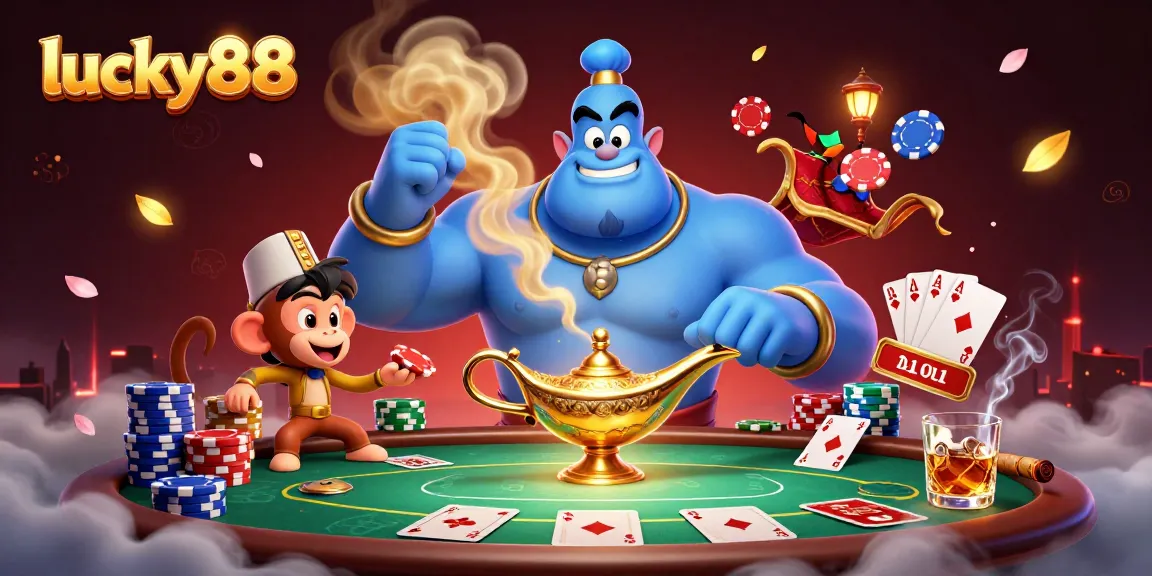 Experience lucky88's lively casino atmosphere with a vibrant genie and poker elements.