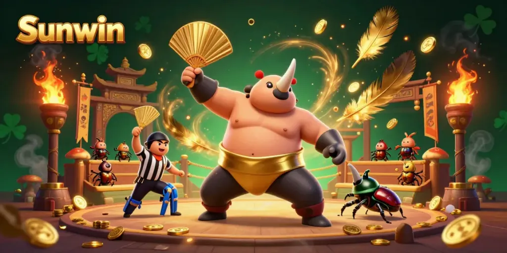Experience the thrilling stomp of the Sunwin beetle champion, showering golden coins in an energetic casino scene.